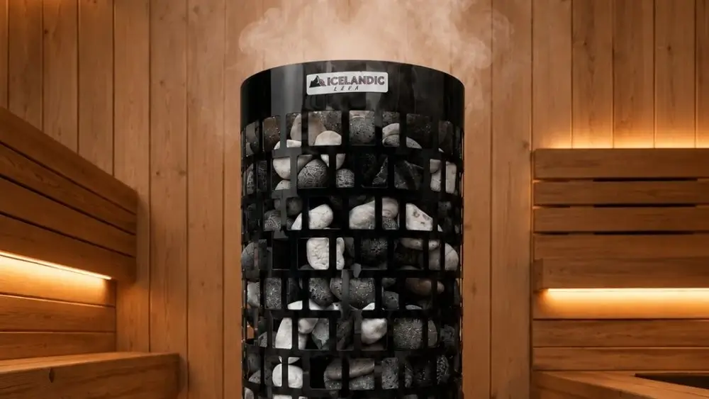 Icelandic Lava rock tower filled with sauna stones, in a warmly lit hemlock cabin