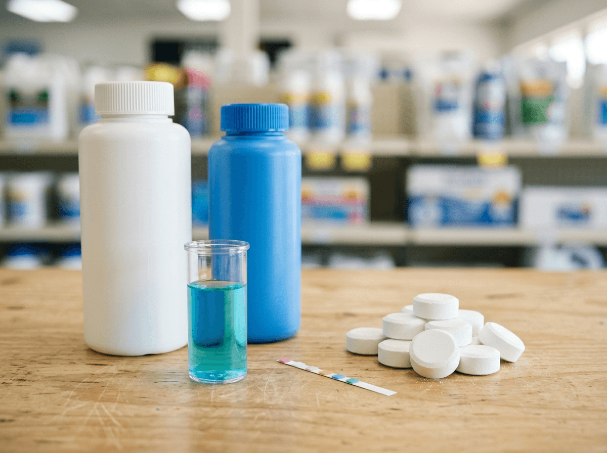 Pool and spa water care supplies with a bright aqua test vial