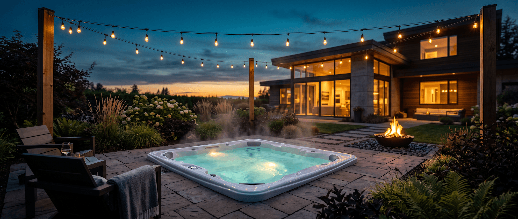 Illuminated hot tub steaming on a stone patio at dusk with string lights overhead