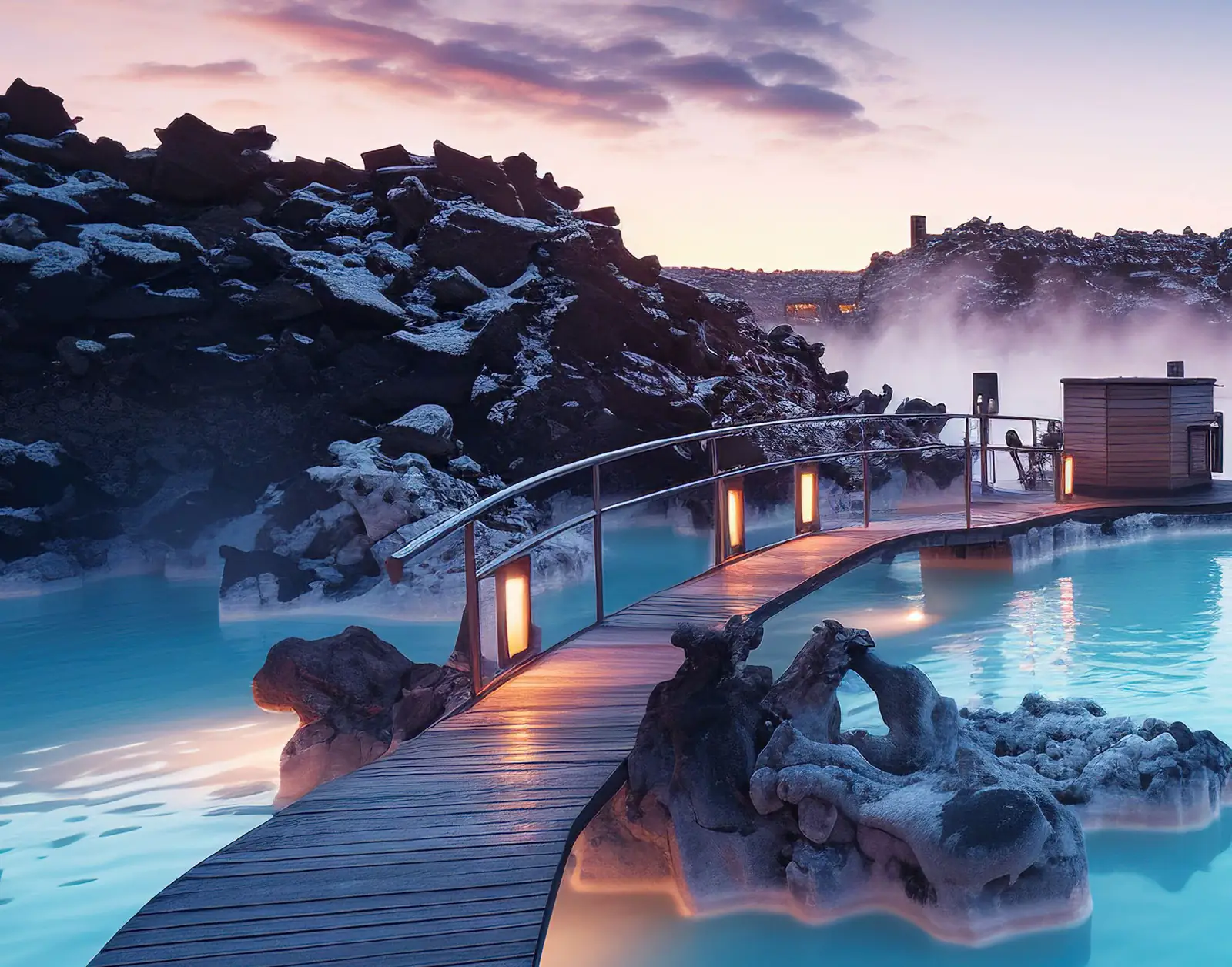 Boardwalk through a steaming Icelandic thermal lagoon at dusk