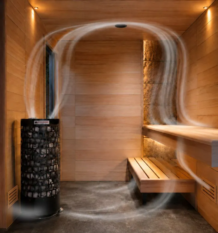 Icelandic Lava tower heater in a hemlock cabin with steam curling from the rocks