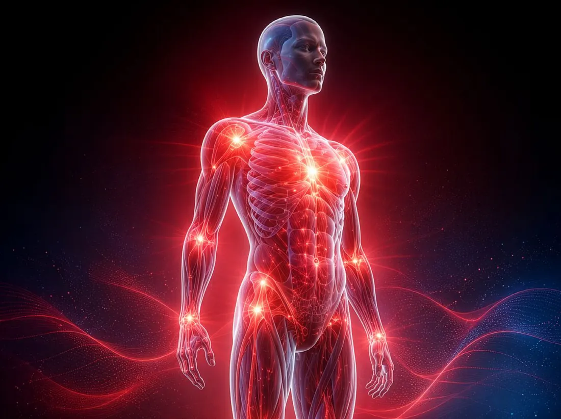 Illustration of infrared light penetrating muscles and joints throughout the body