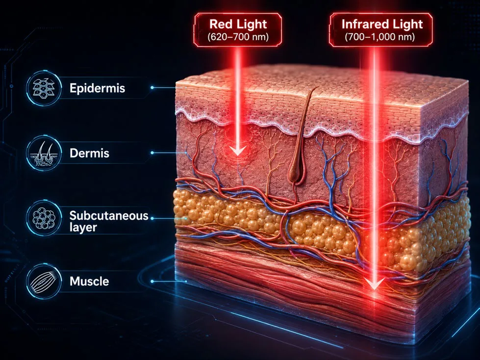 Diagram comparing how red light reaches the epidermis and dermis while infrared passes through to muscle