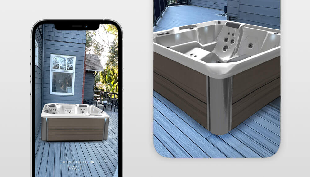Side-by-side comparison of the Virtual View app's AR preview and the matching Hot Spring hot tub installed on a deck
